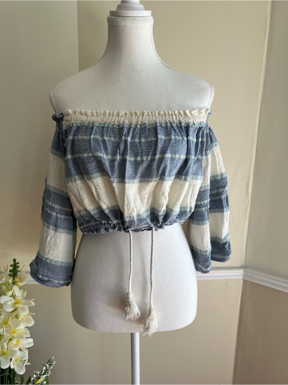Striped Off-Shoulder Cropped Top in Blue and Cream